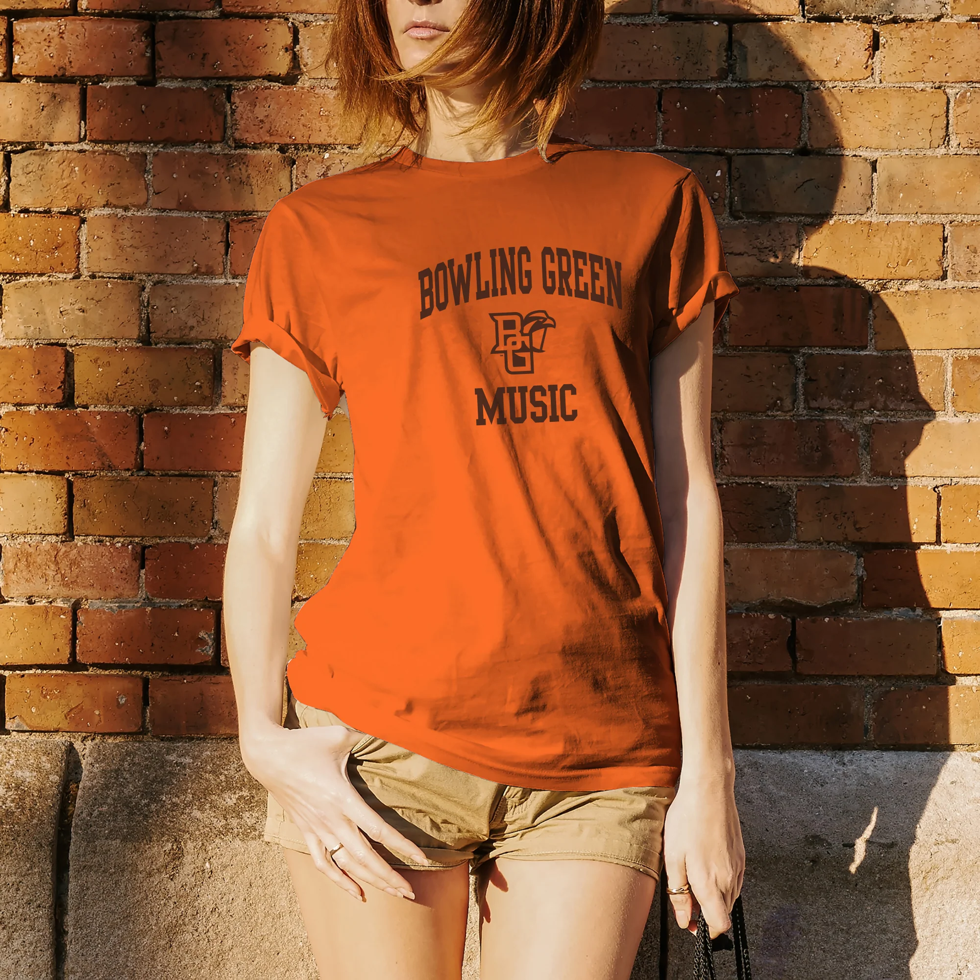 Bowling Green State University Falcons Arch Logo Music Basic Cotton Short Sleeve T Shirt - Orange - Image 5
