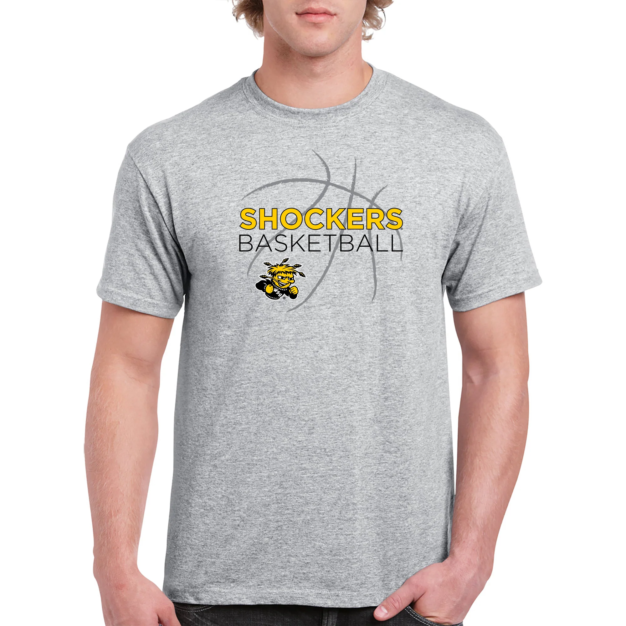 Wichita State University Shockers Basketball Sketch Basic Cotton Short Sleeve T Shirt - Sport Grey - Image 3