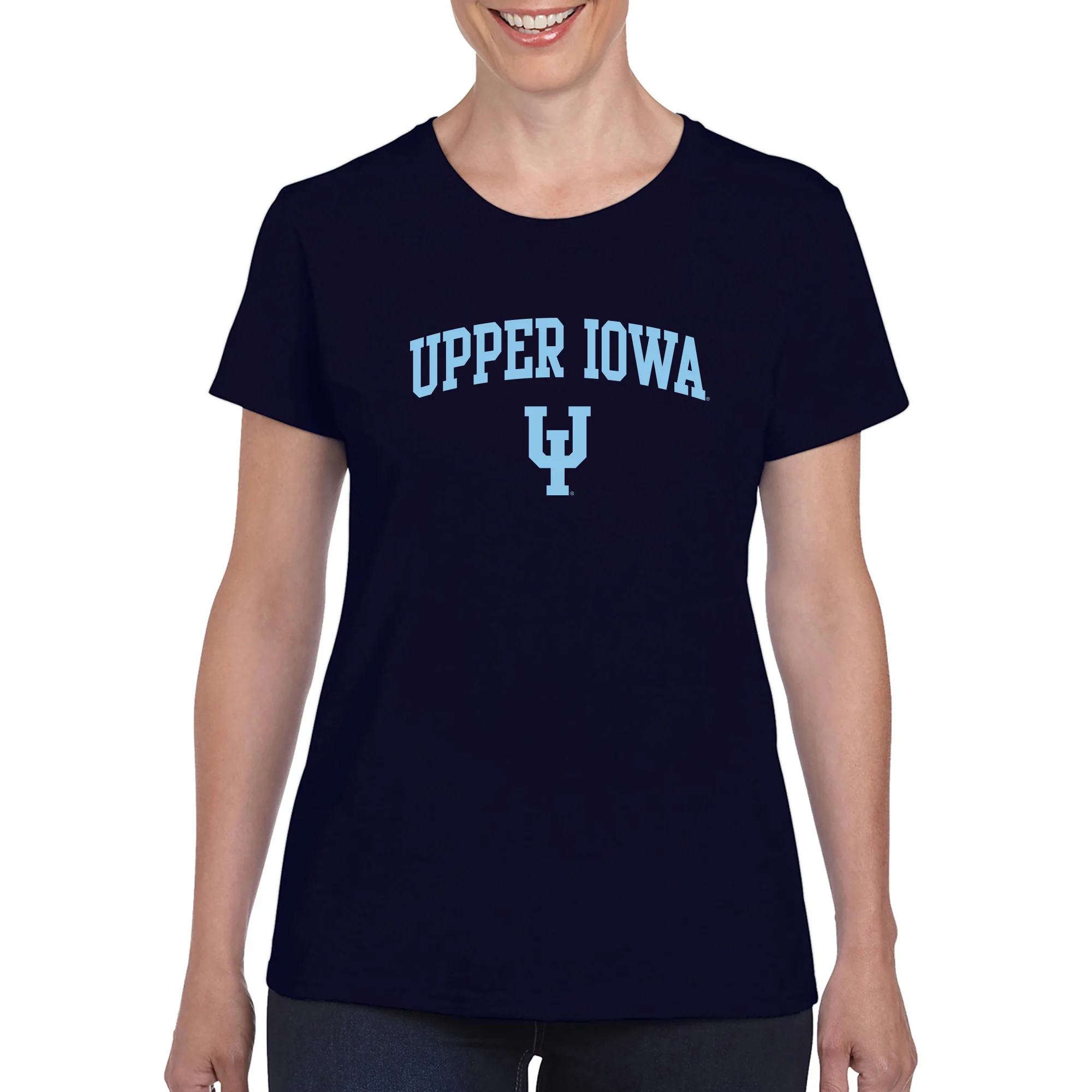 Upper Iowa University Peacocks Arch Logo Basic Cotton Womens Short Sleeve T Shirt - Navy - Image 3