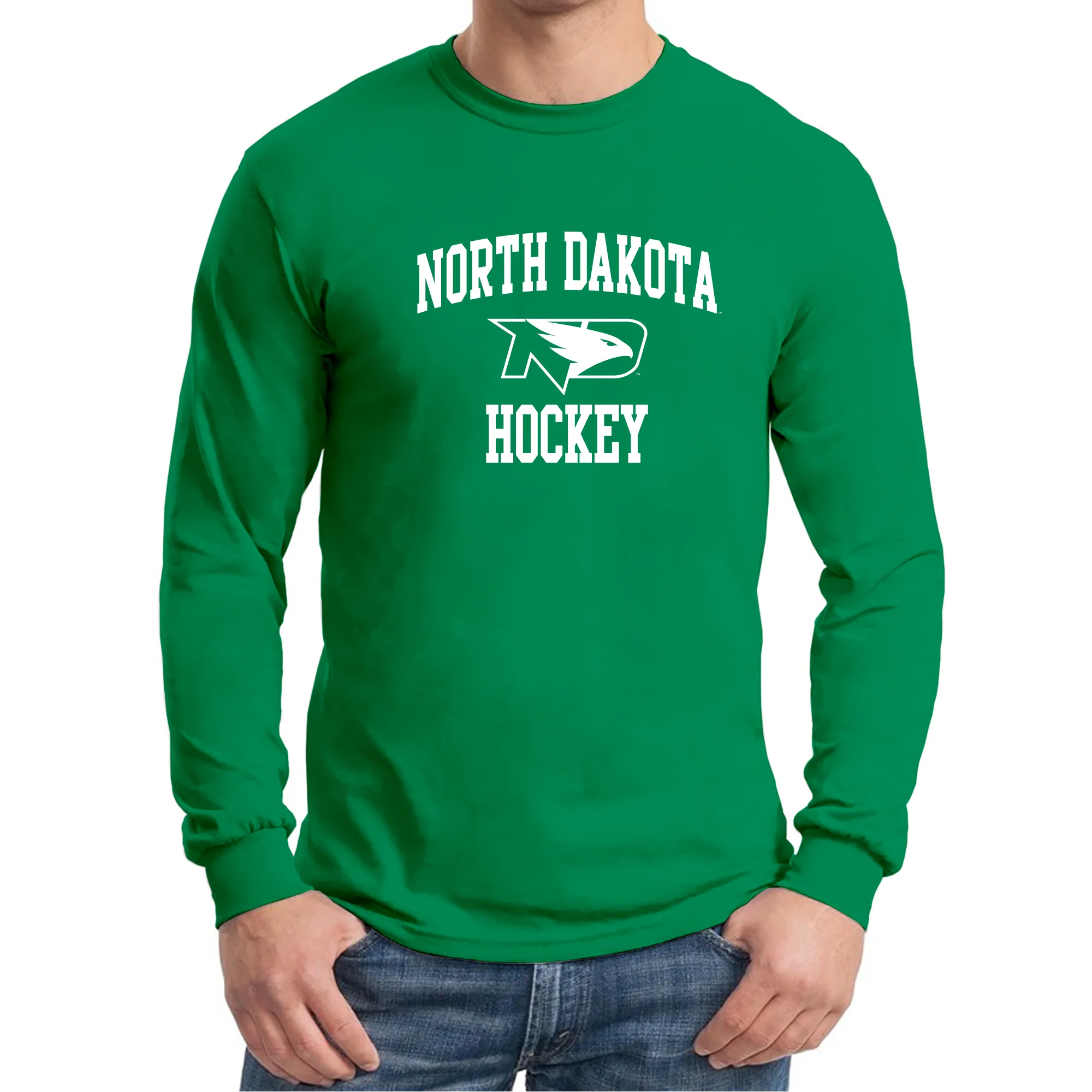 North Dakota Fighting Hawks Arch Logo Hockey Long Sleeve T Shirt - Irish Green - Image 3