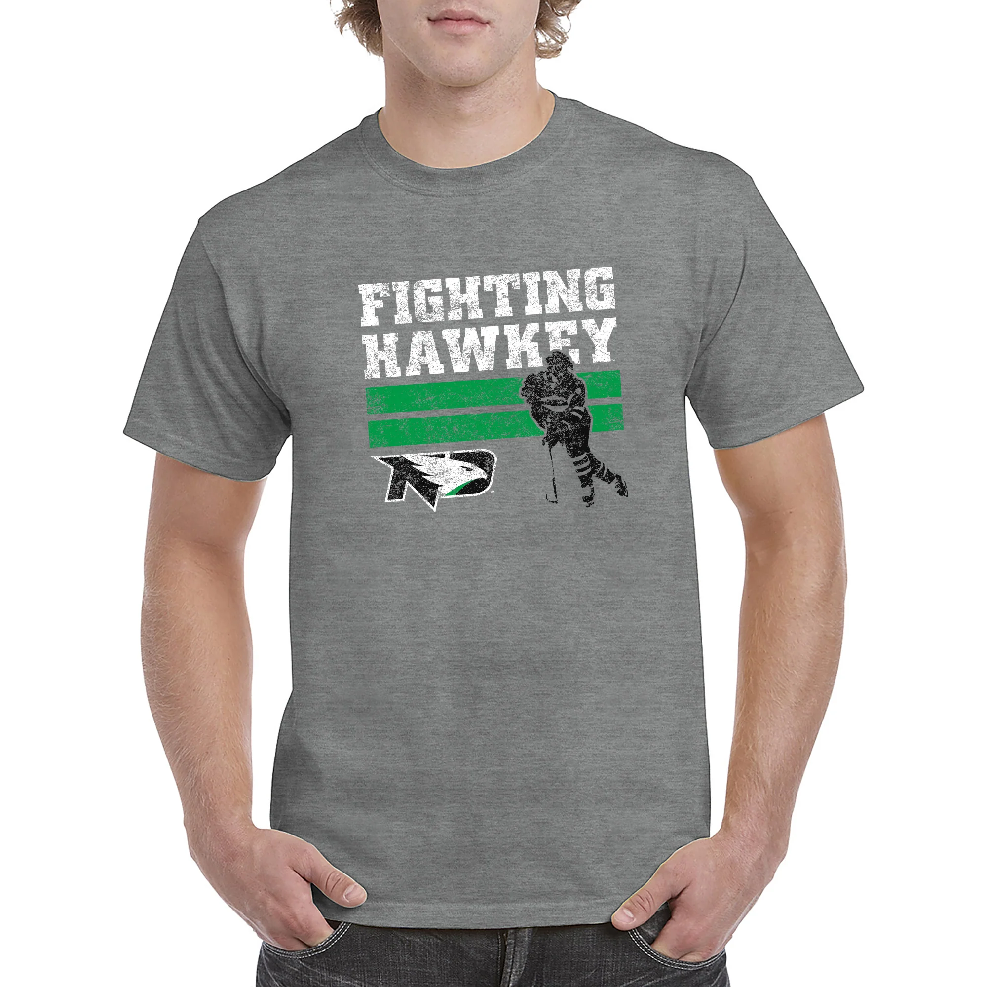 University of North Dakota Fighting Hawks Retro Hockey Short Sleeve T Shirt - Graphite Heather - Image 3