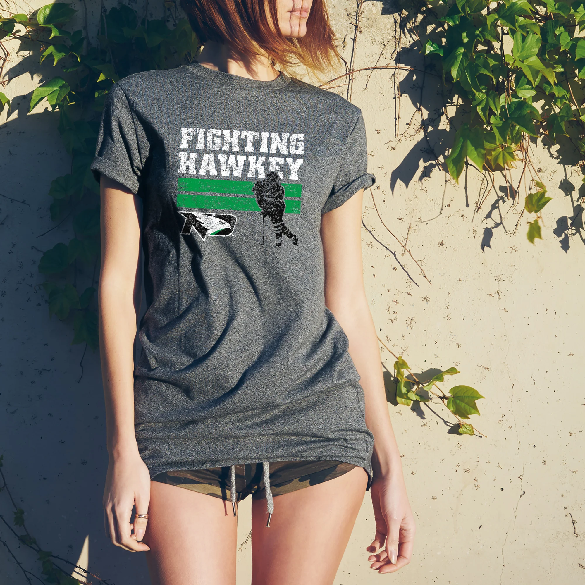 University of North Dakota Fighting Hawks Retro Hockey Short Sleeve T Shirt - Graphite Heather - Image 4