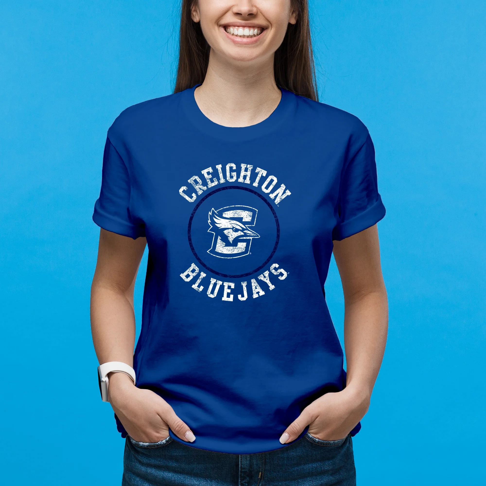 Creighton University Bluejays Distressed Circle Logo Short Sleeve T Shirt - Royal - Image 4