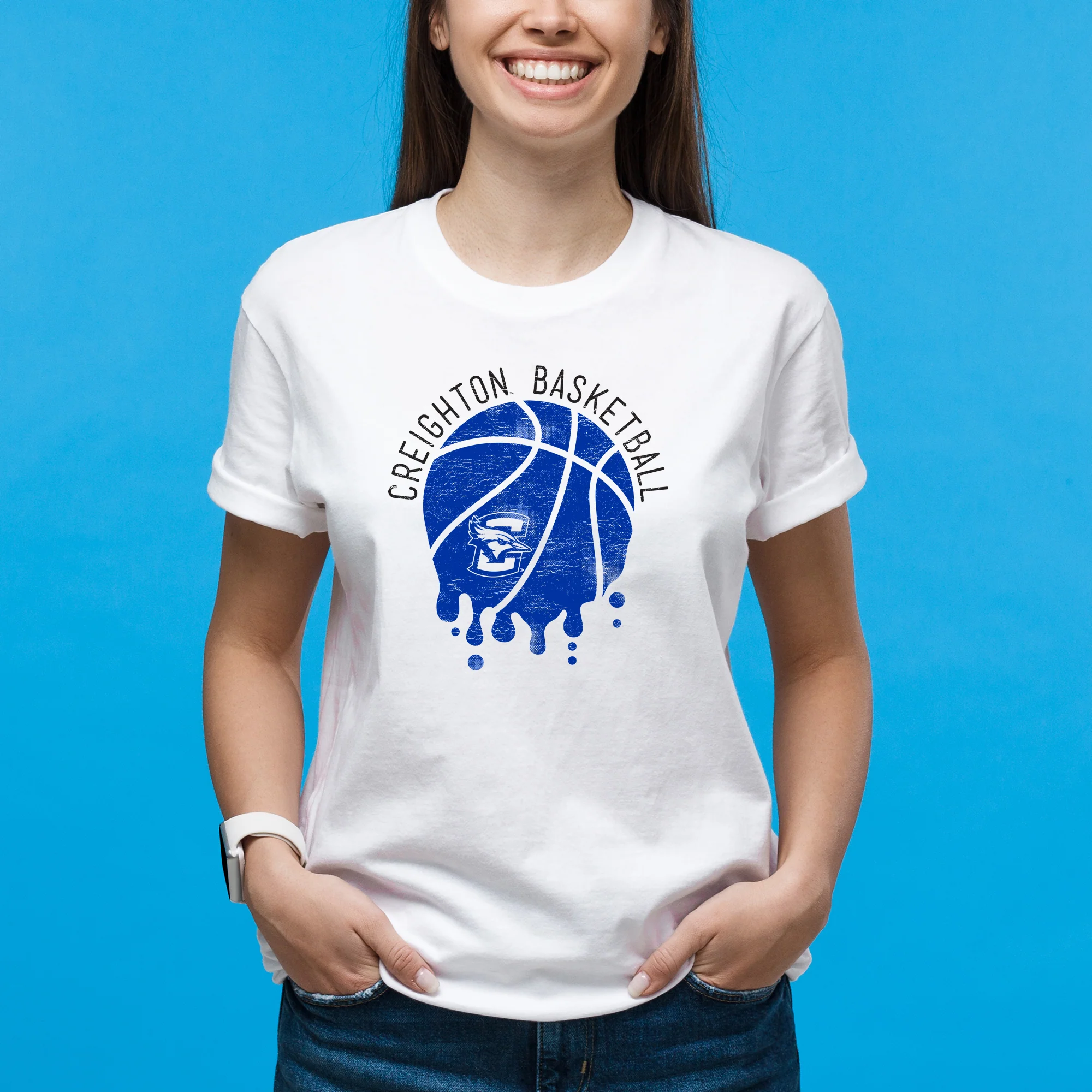 Creighton University Bluejays Basketball Dribble Basic Cotton Short Sleeve T Shirt - White - Image 4