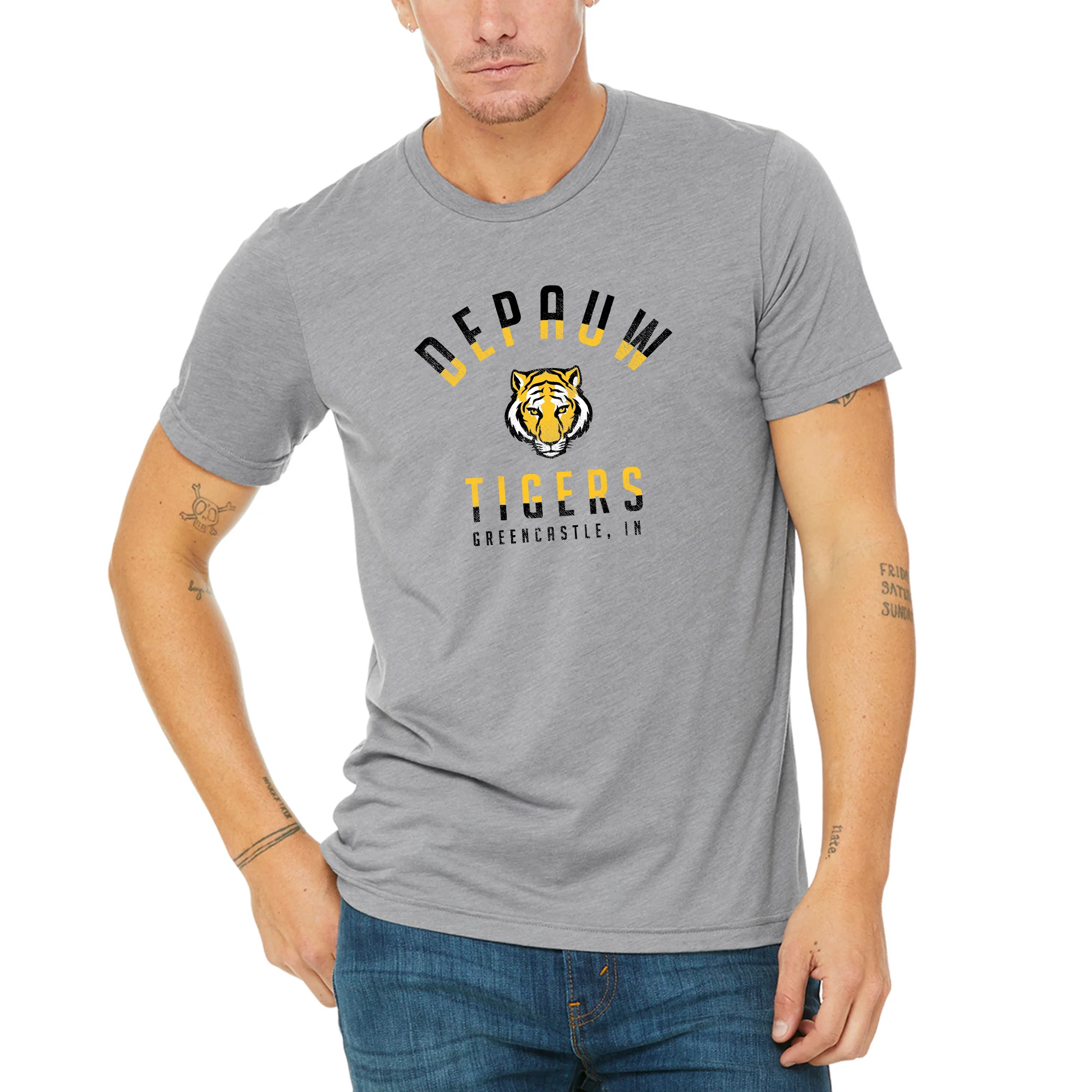 DePauw University Tigers Division Arch Canvas Triblend Short Sleeve T Shirt - Athletic Grey Triblend - Image 3