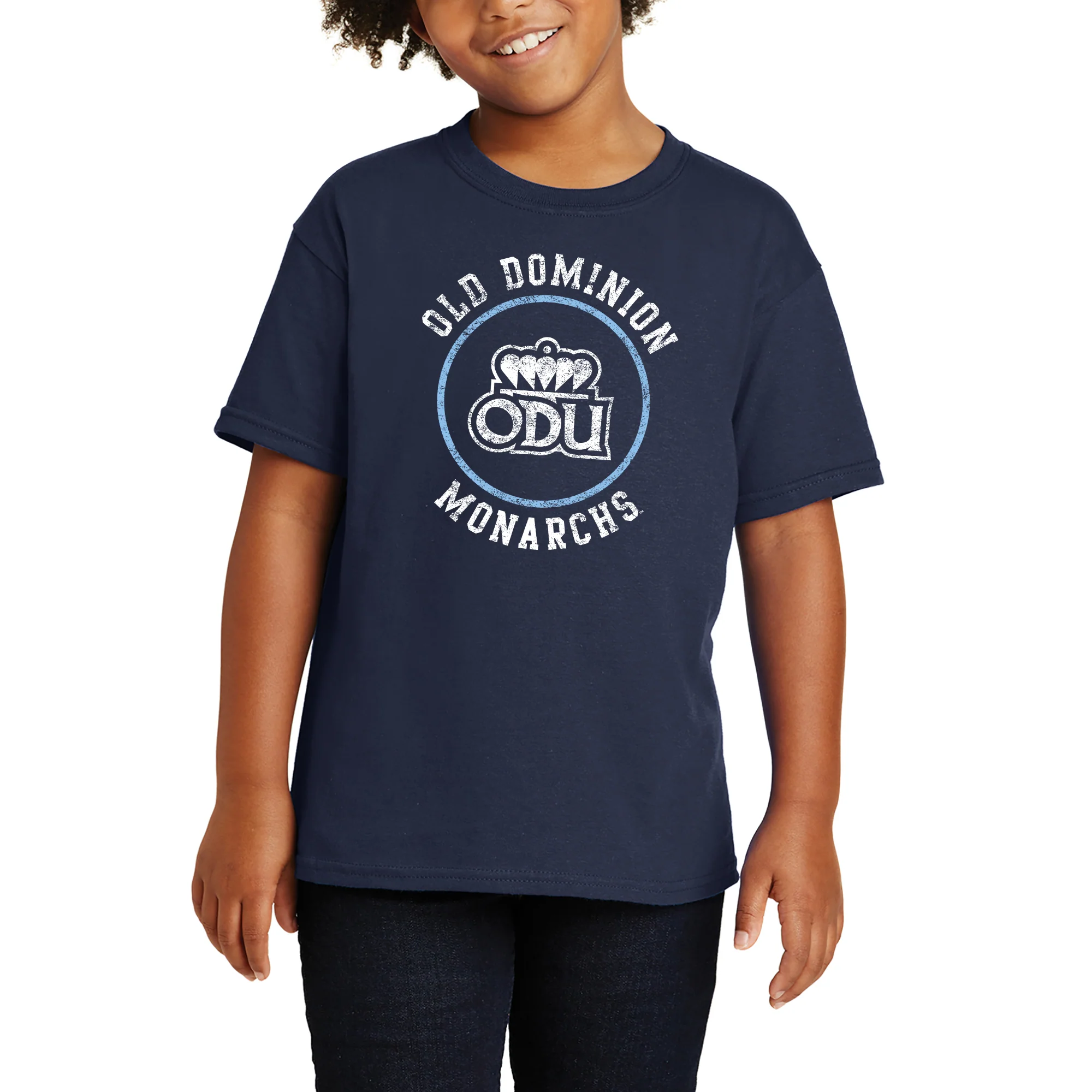 Old Dominion University Monarchs Distressed Circle Logo Heavy Cotton Youth T Shirt - Navy - Image 4