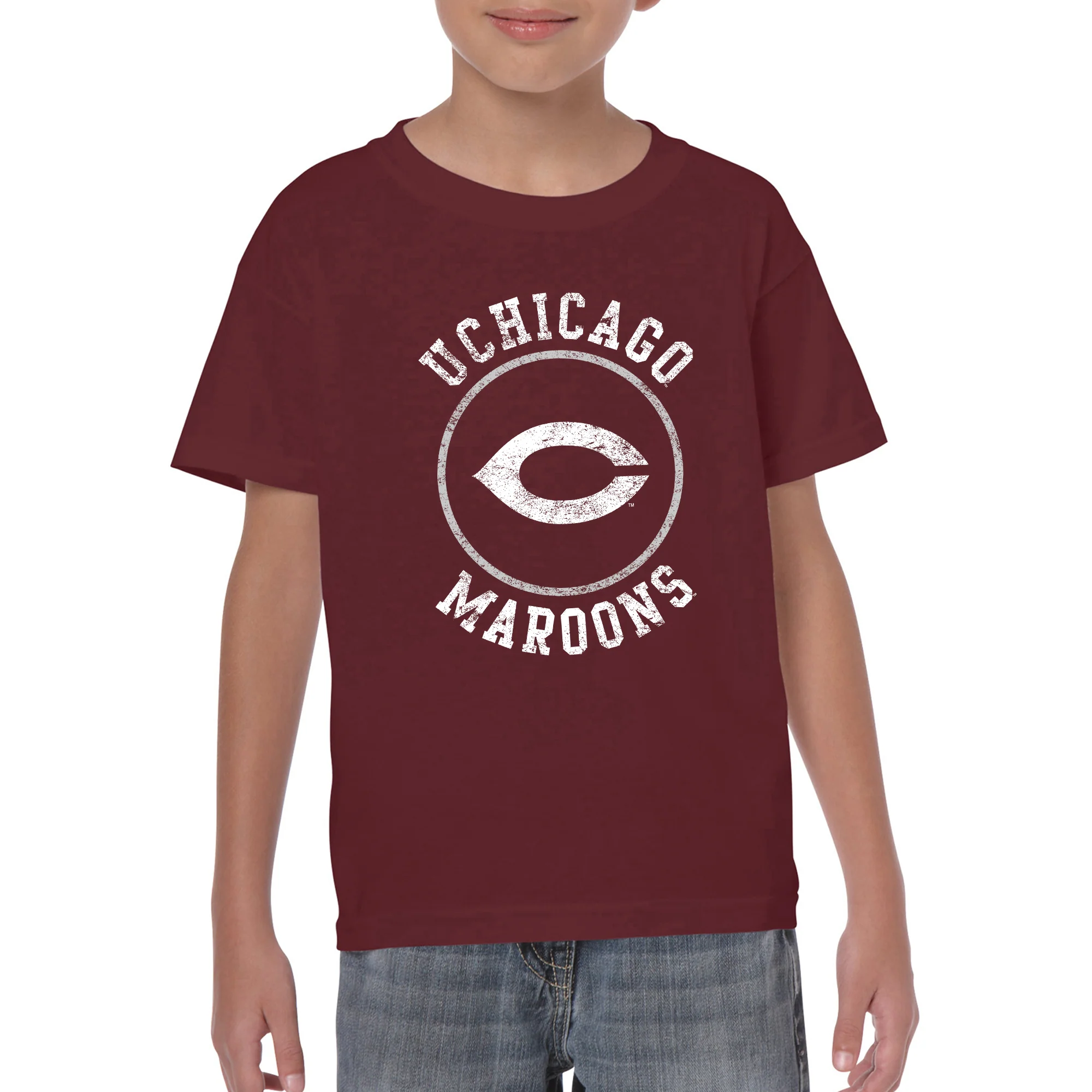 University of Chicago Maroons Distressed Circle Logo Heavy Cotton Short Sleeve Youth T Shirt - Maroon - Image 3