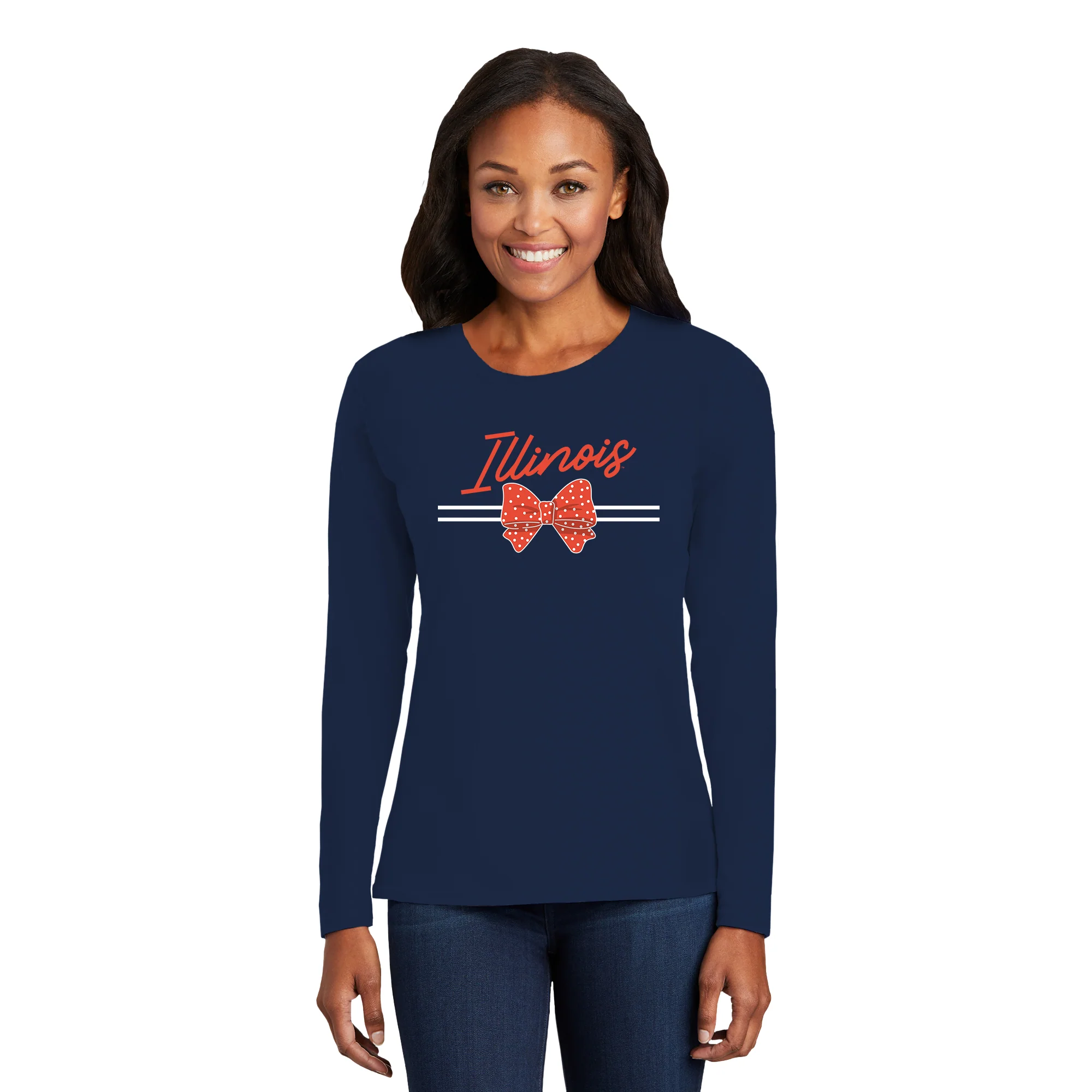 Illinois Bow Script Womens Long Sleeve - Navy - Image 3