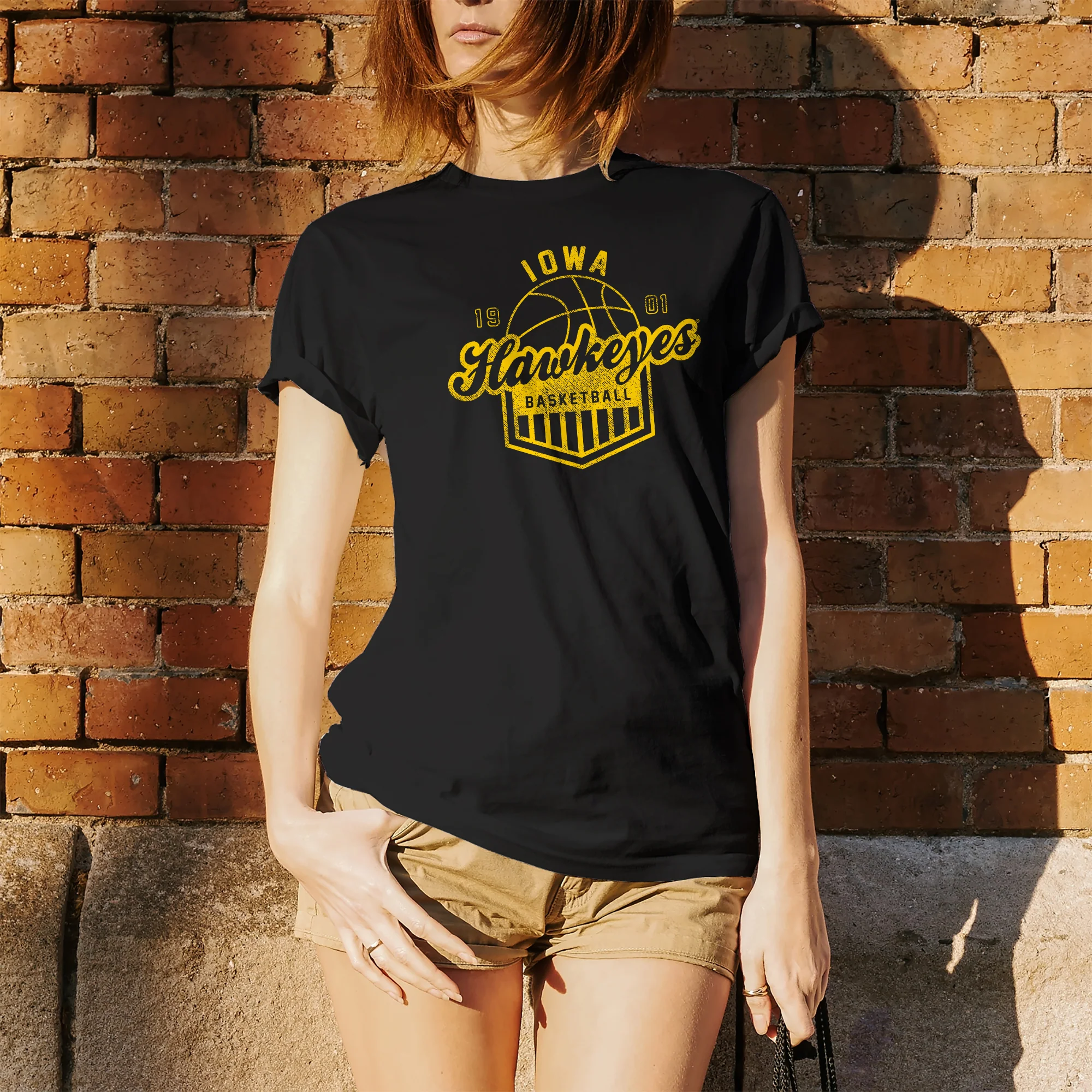 Basketball Shield Iowa Hawkeyes Basic Cotton Short Sleeve T-Shirt - Black - Image 4