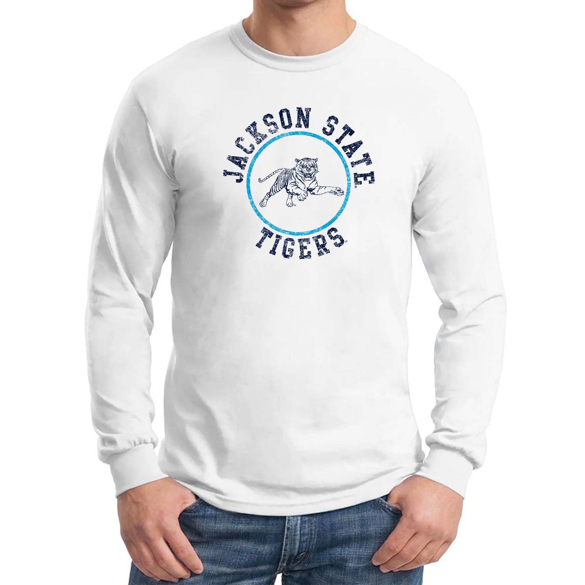 Jackson State Tigers Distressed Circle Logo Long Sleeve T Shirt - White - Image 3