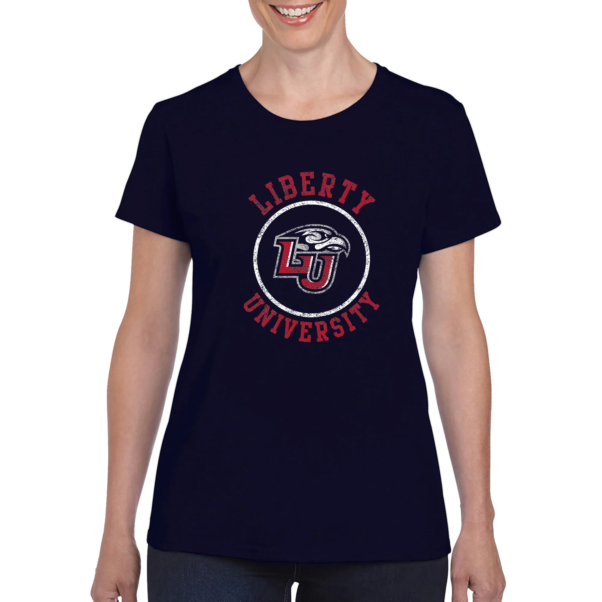 Liberty University Flames Distressed Circle Logo Women's T Shirt - Navy - Image 3