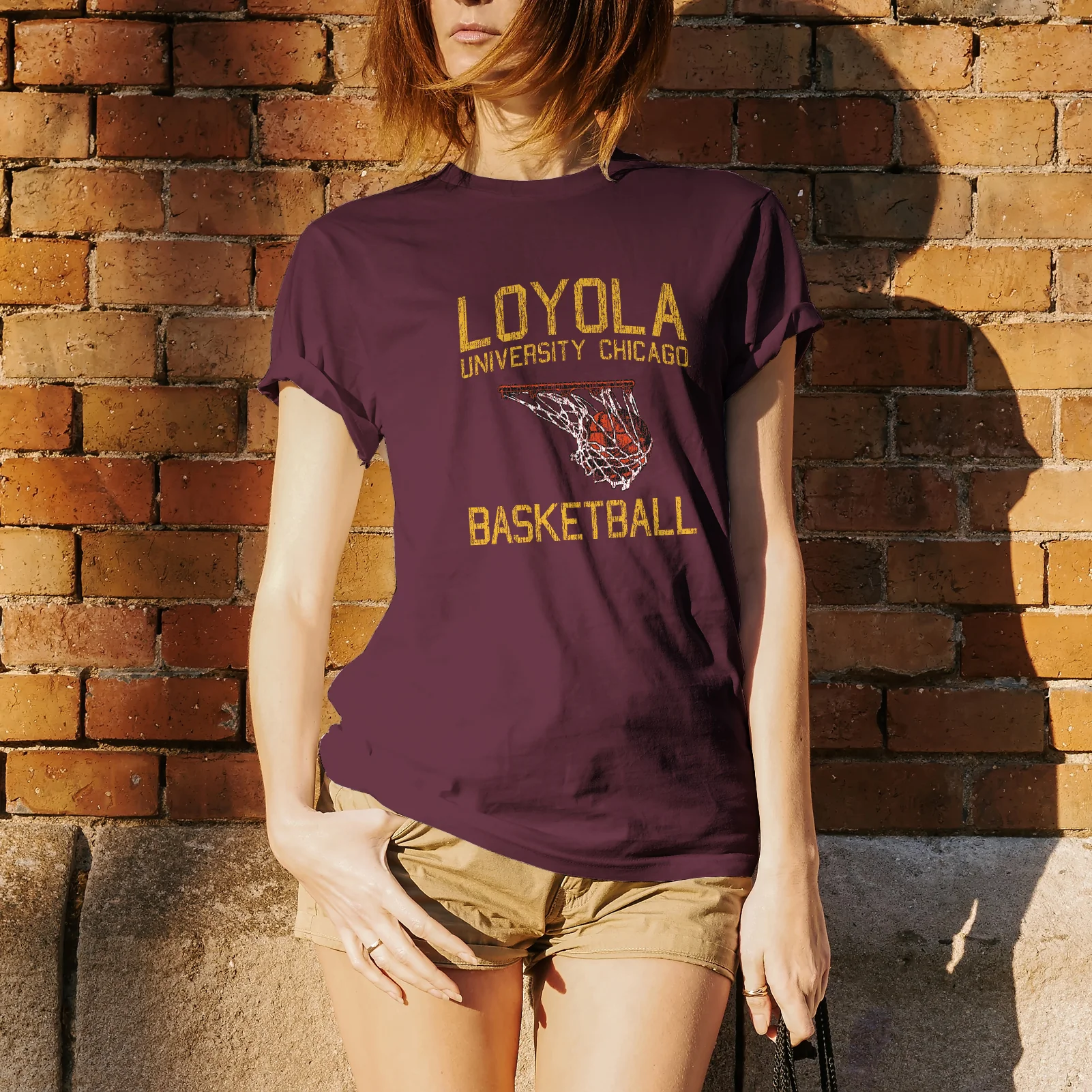 Loyola University Chicago Ramblers Faded Retro Basketball Short Sleeve T Shirt - Maroon - Image 4