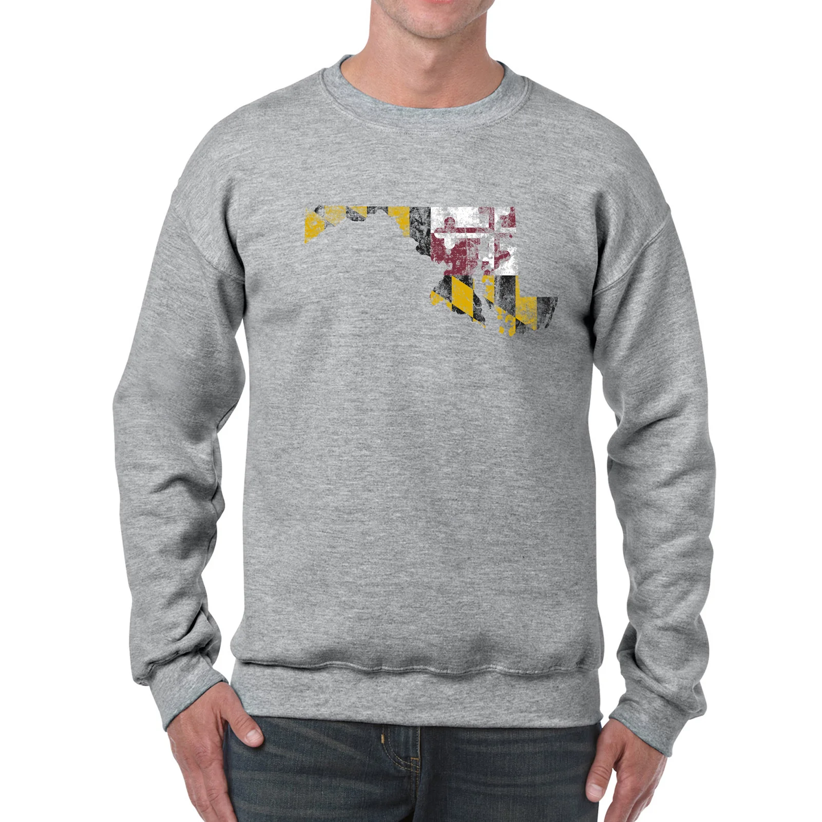 Maryland Distressed State Flag Outline Crewneck Sweatshirt - Sport Grey - Image 3
