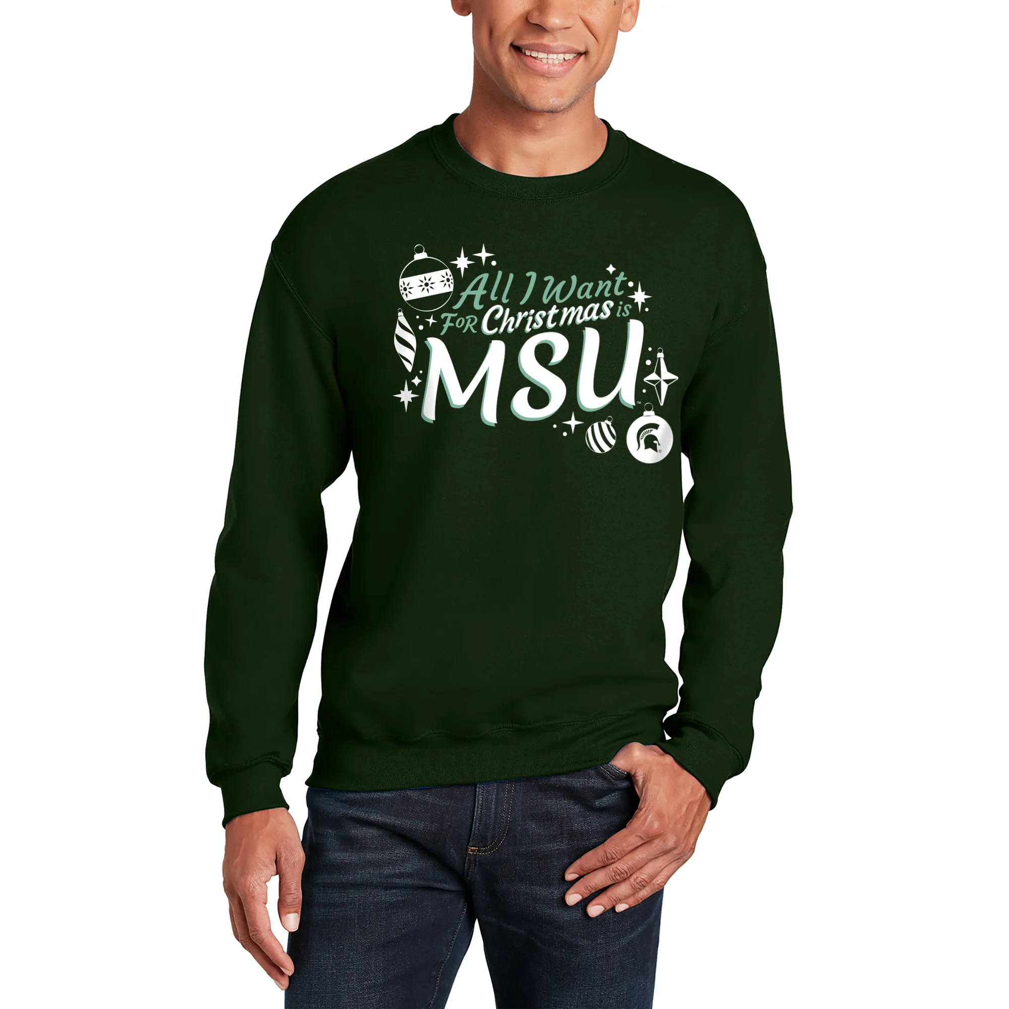 Michigan State Spartans All I Want For Christmas Is MSU Crewneck Sweatshirt - Forest - Image 3