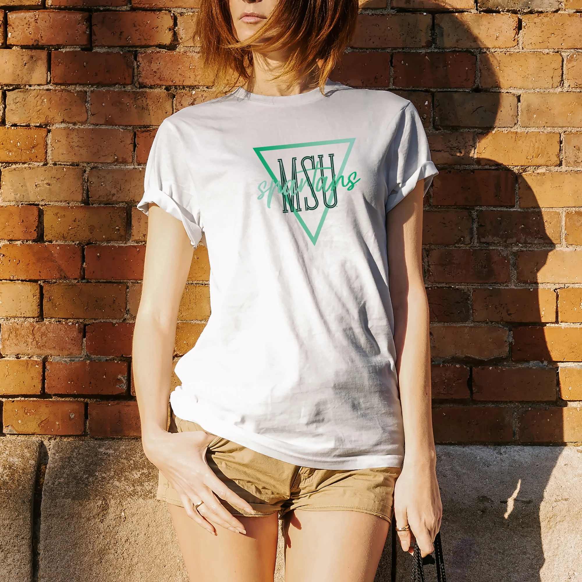 Michigan State University Spartans Gradient Triangle Basic Cotton Short Sleeve T Shirt - White - Image 4