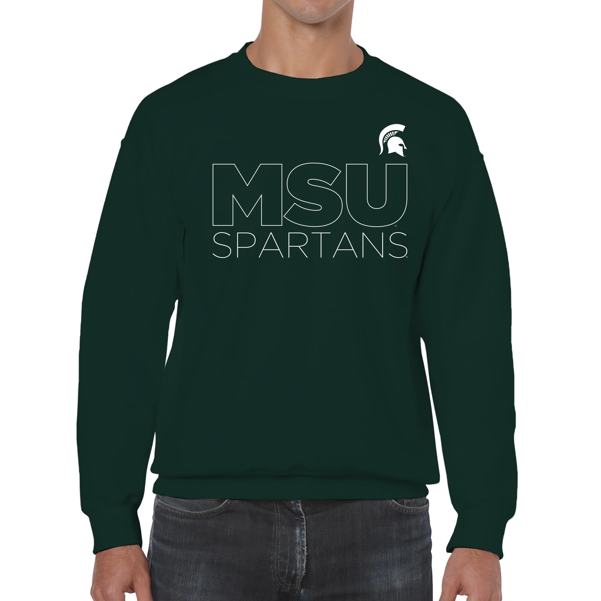 Michigan State University Spartans Modern Outline Crewneck Sweatshirt - Forest - Image 3