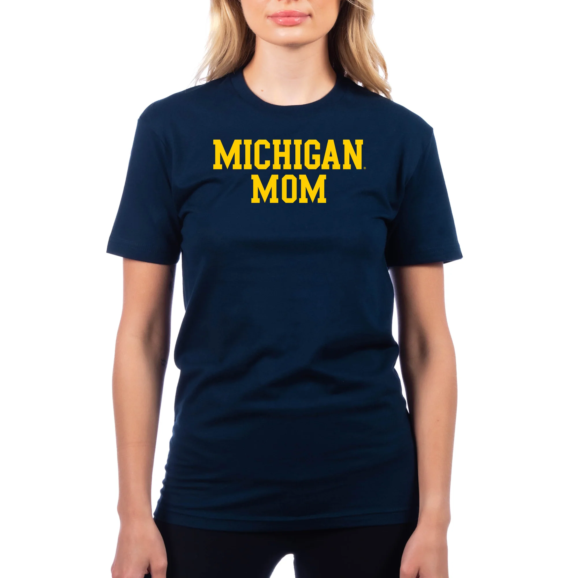 Michigan Wolverines Basic Block Mom Premium Cotton T Shirt - Midnight Navy - Image 3