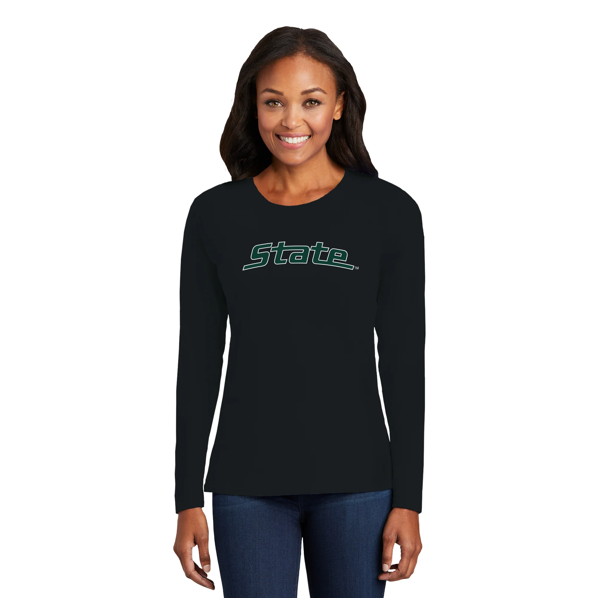 MSU State Wordmark Outline Womens Long Sleeve - Black - Image 3