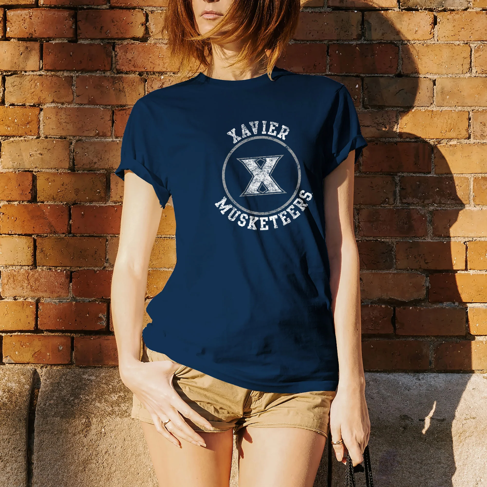 Xavier University Musketeers Distressed Circle Logo Short Sleeve T Shirt - Navy - Image 5