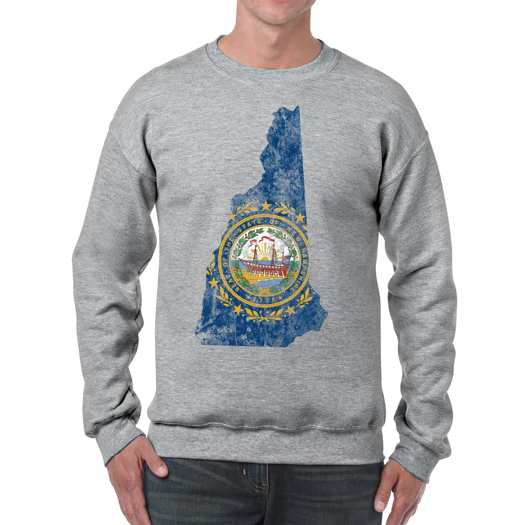 New Hampshire Distressed State Flag Outline Crewneck Sweatshirt - Sport Grey - Image 3