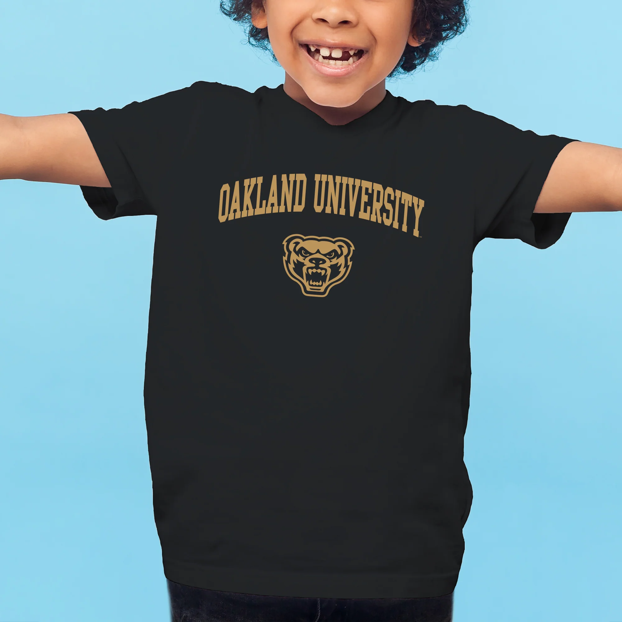 Oakland University Golden Grizzlies Arch Logo Short Sleeve Youth T Shirt - Black - Image 3