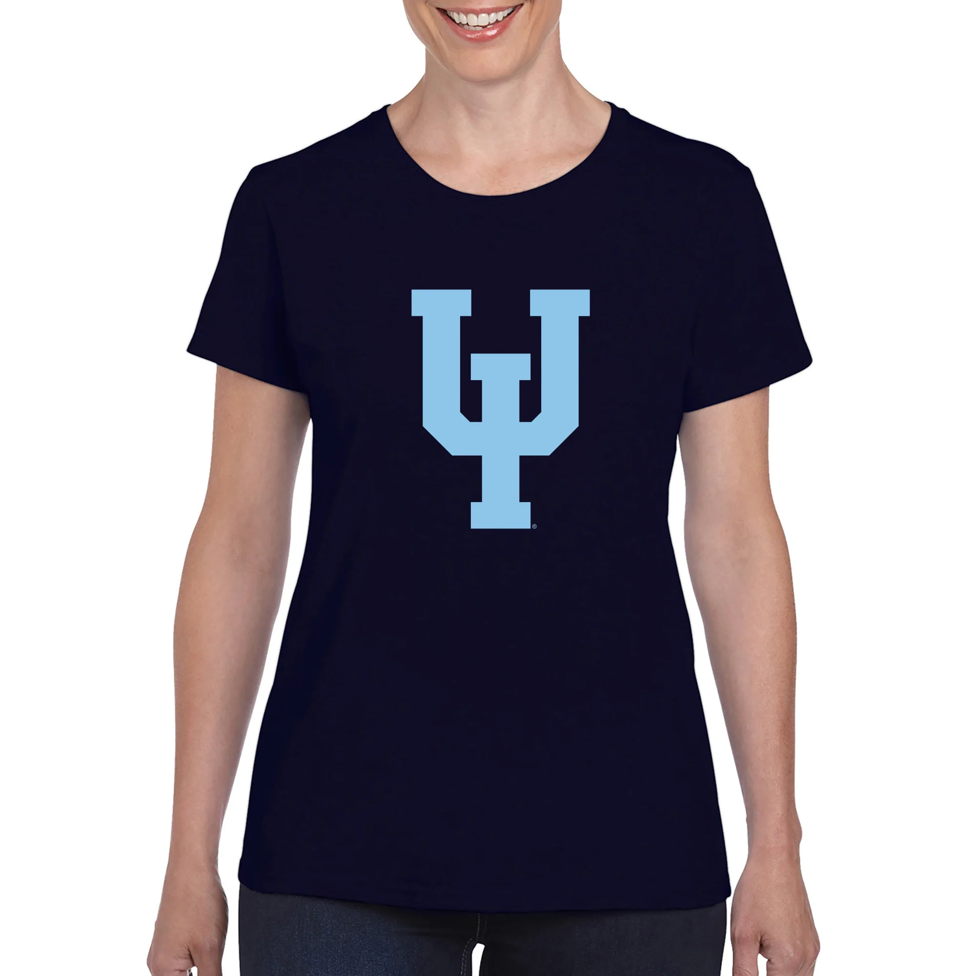 Upper Iowa University Peacocks Primary Logo Basic Cotton Womens Short Sleeve T Shirt - Navy - Image 3