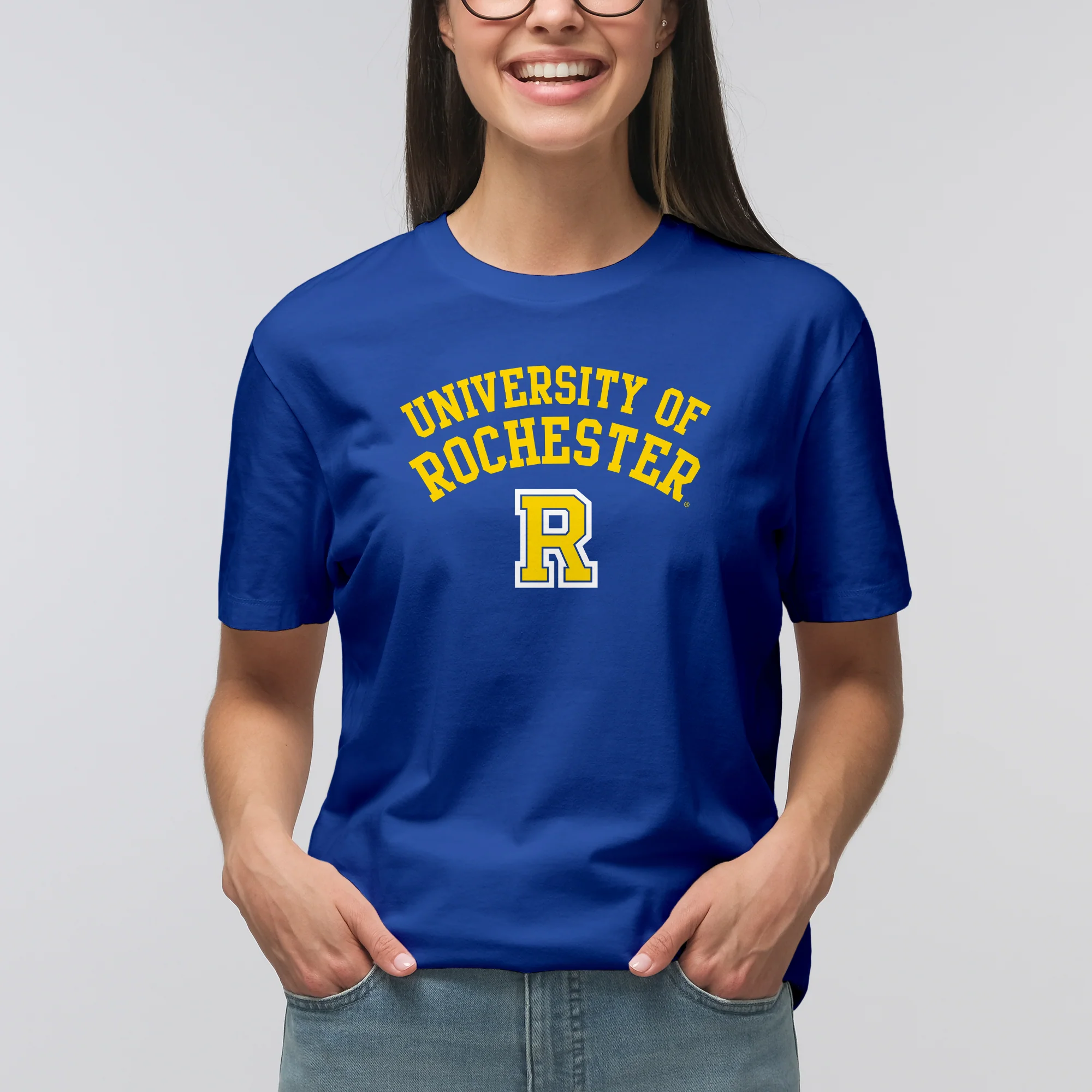 University of Rochester Yellowjackets Arch Logo Short Sleeve T Shirt - Royal - Image 4