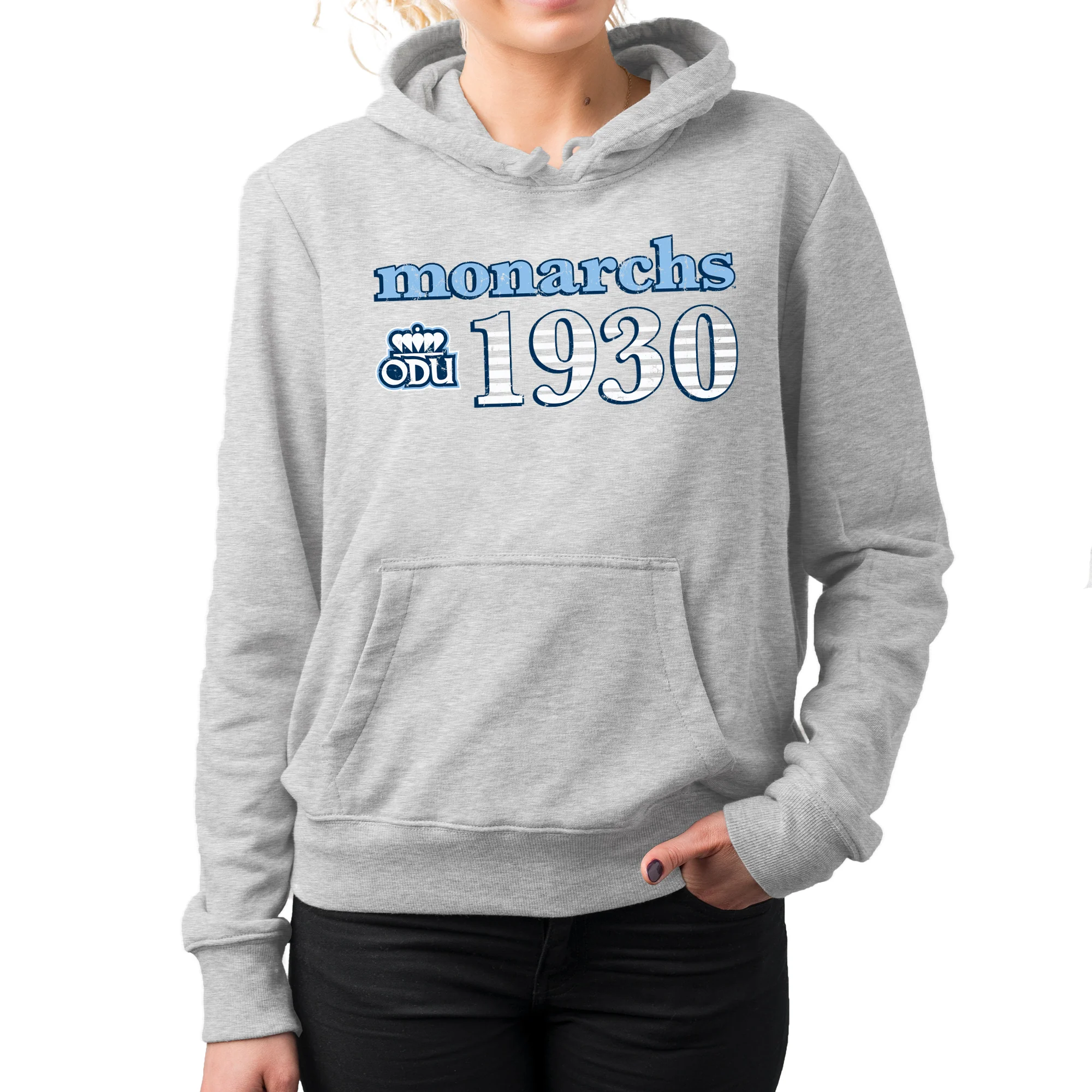 Old Dominion University Monarchs Throwback Year Stripe Heavy Blend Hoodie - Sport Grey - Image 5