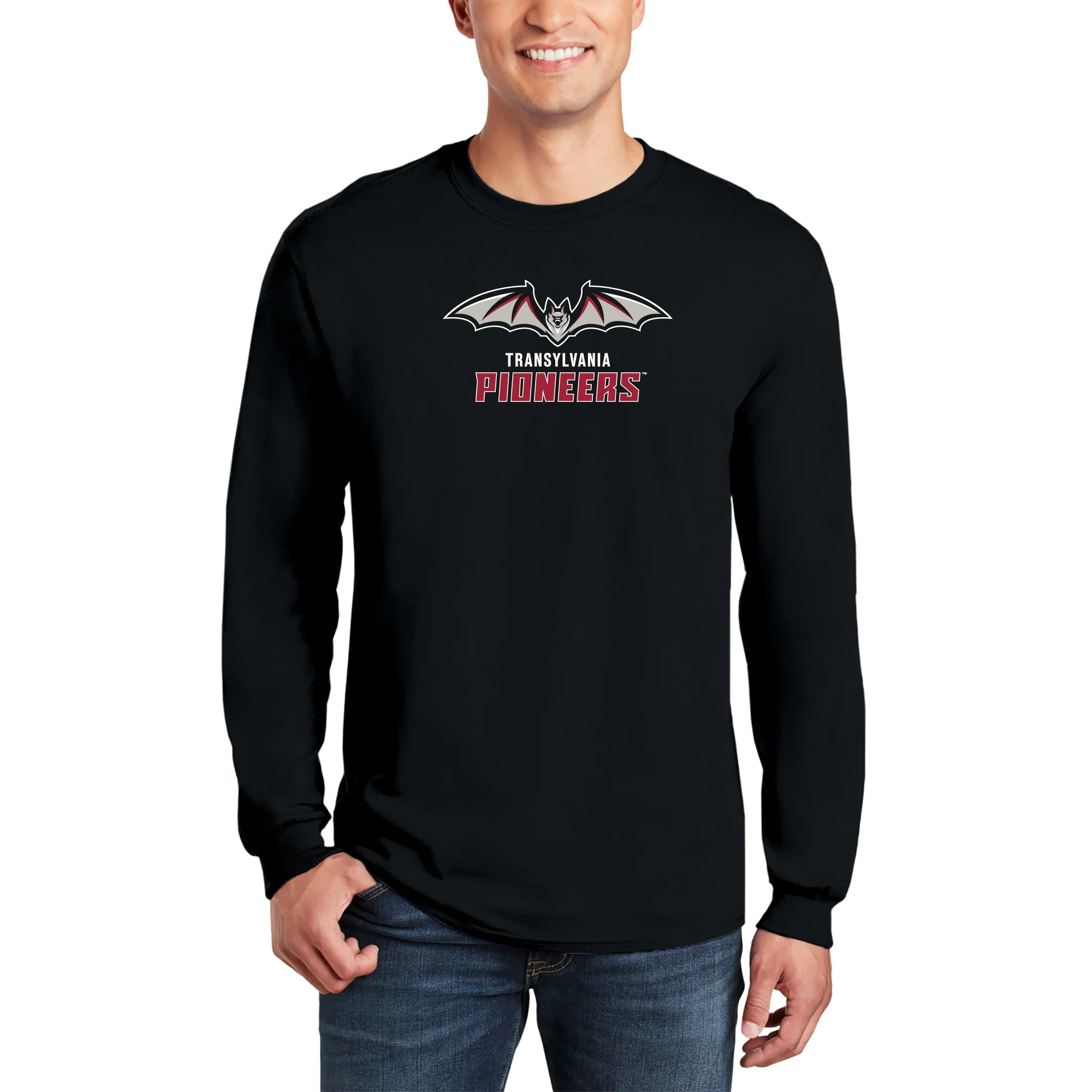 Transylvania University Pioneers Primary Logo Long Sleeve T Shirt - Black - Image 3