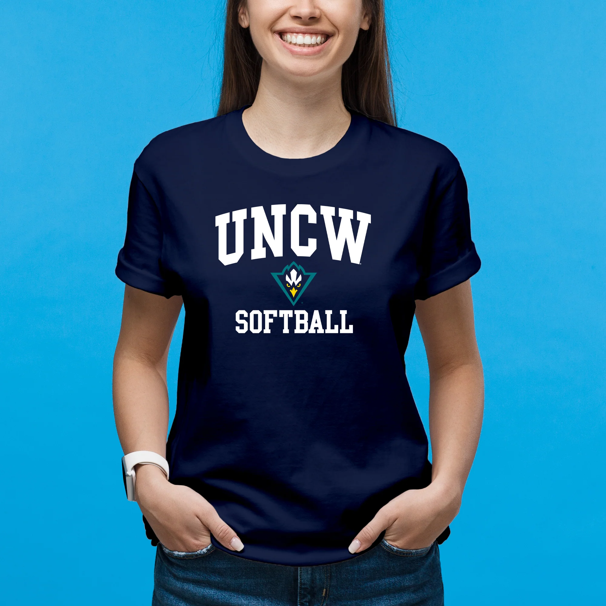 UNC Wilmington Seahawks Arch Logo Softball T-Shirt - Navy - Image 4