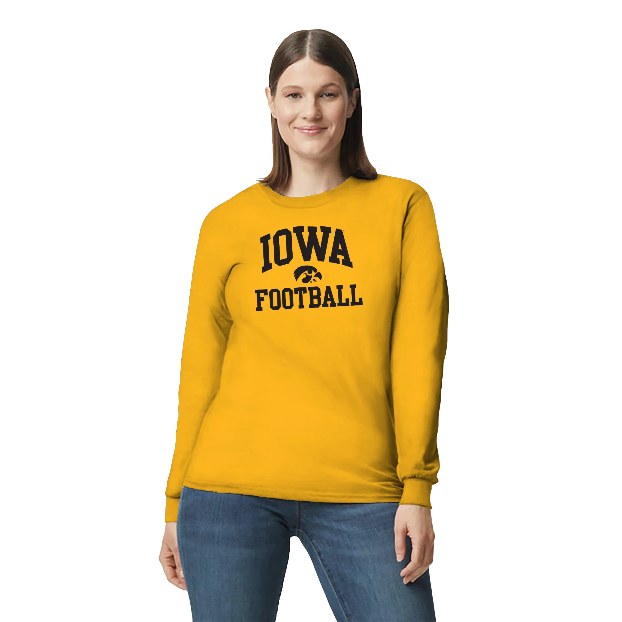 University of Iowa Hawkeyes Arch Logo Football Long Sleeve T Shirt- Gold - Image 3