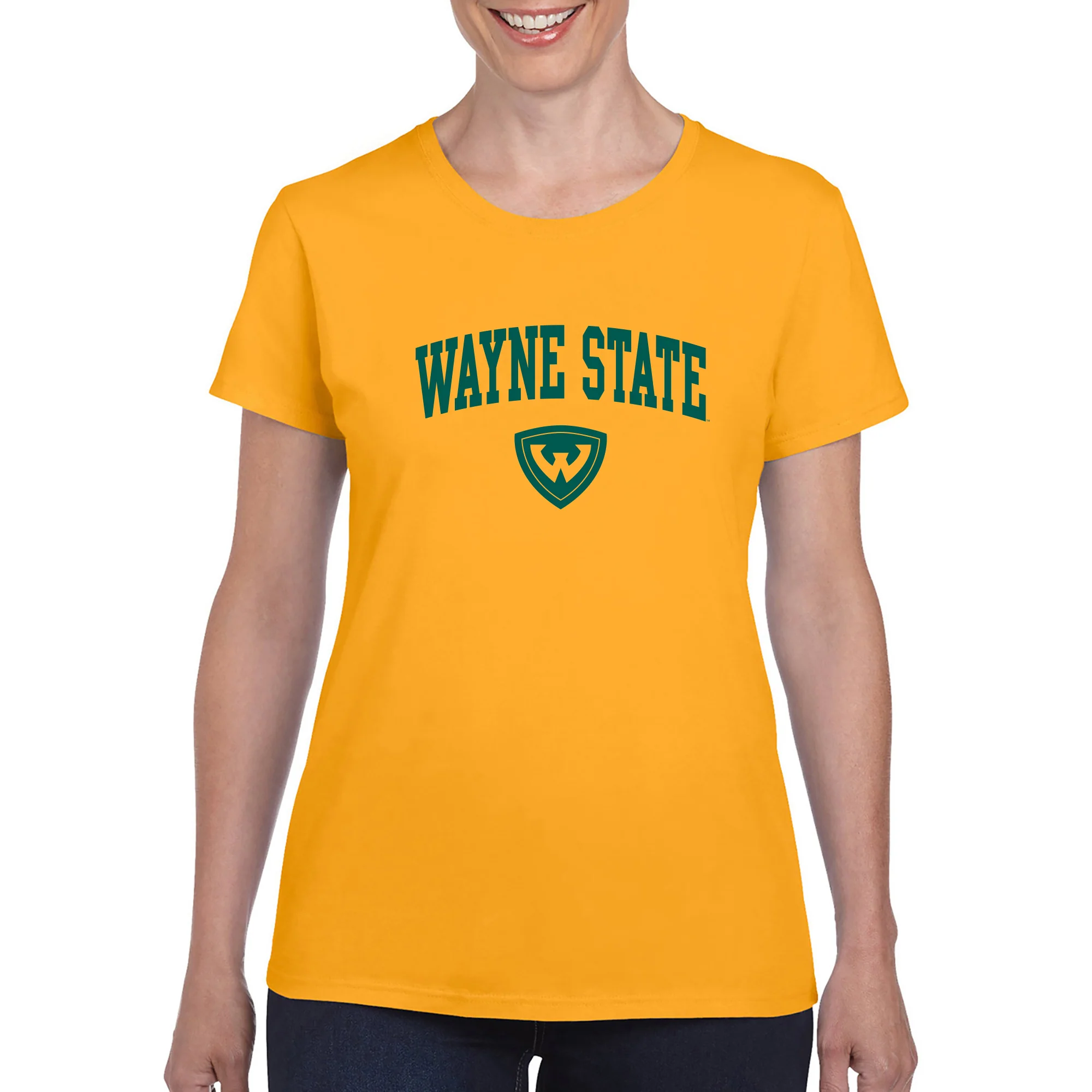 Wayne State University Warriors Arch Logo Womens Short Sleeve T Shirt - Gold - Image 3