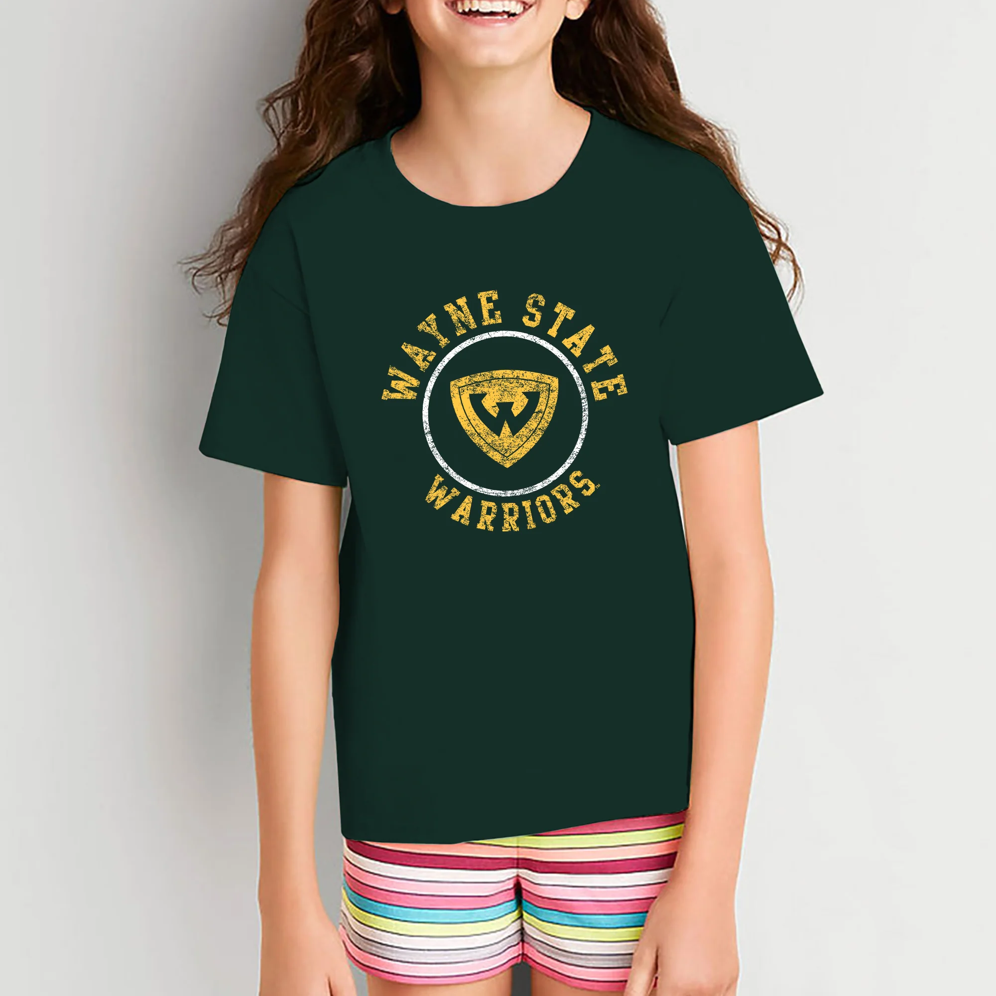 Wayne State University Warriors Distressed Circle Logo Youth Short Sleeve T Shirt - Forest - Image 4