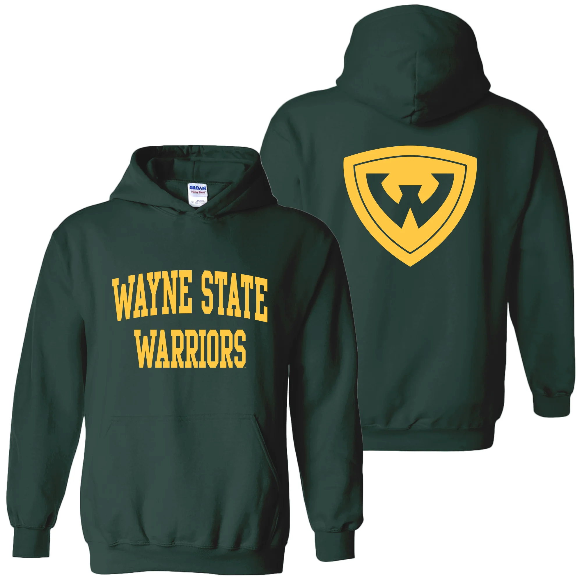 Wayne State University Warriors Front Back Print Heavy Blend Hoodie - Forest