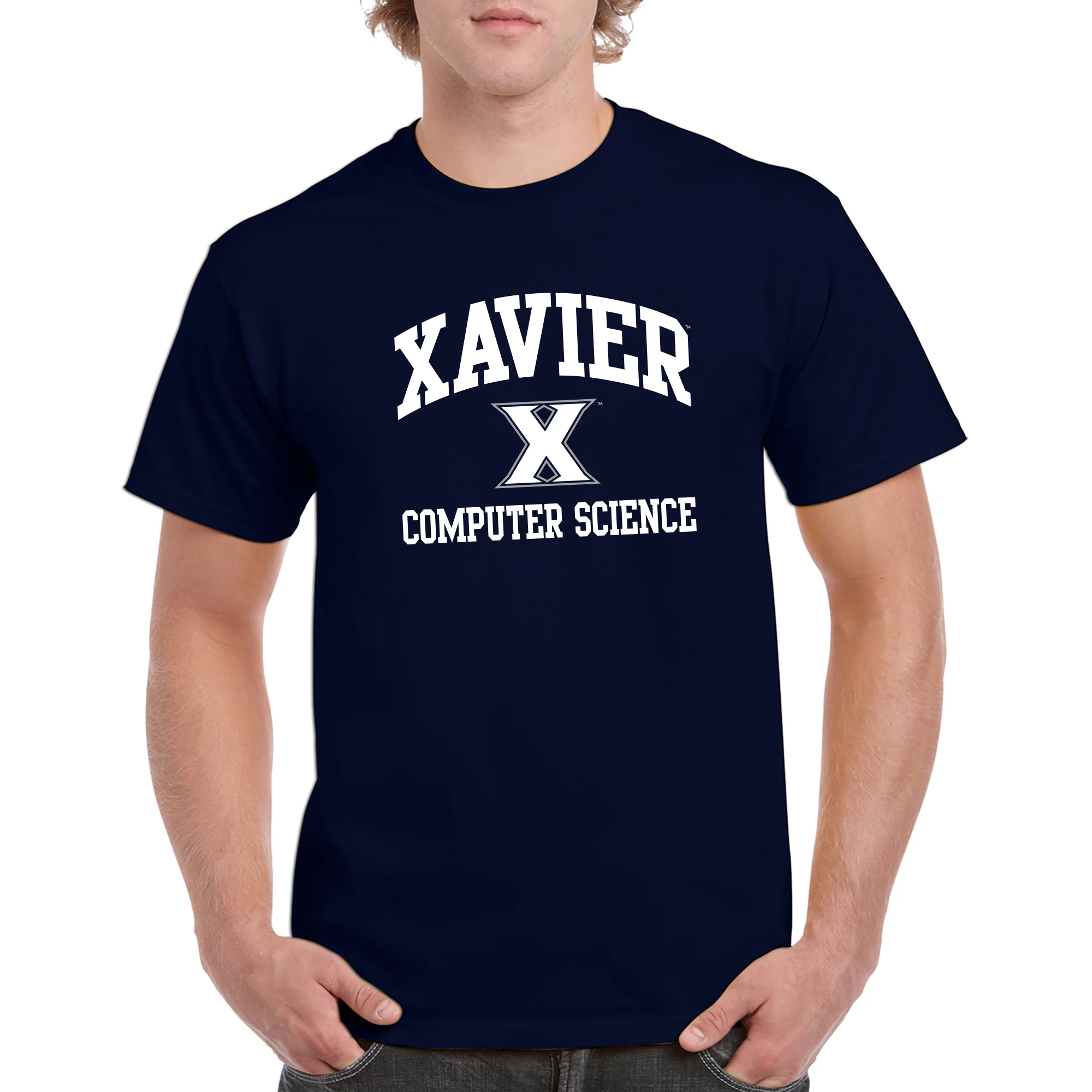 Xavier University Musketeers Arch Logo Computer Science Basic Cotton Short Sleeve T Shirt - Navy - Image 3