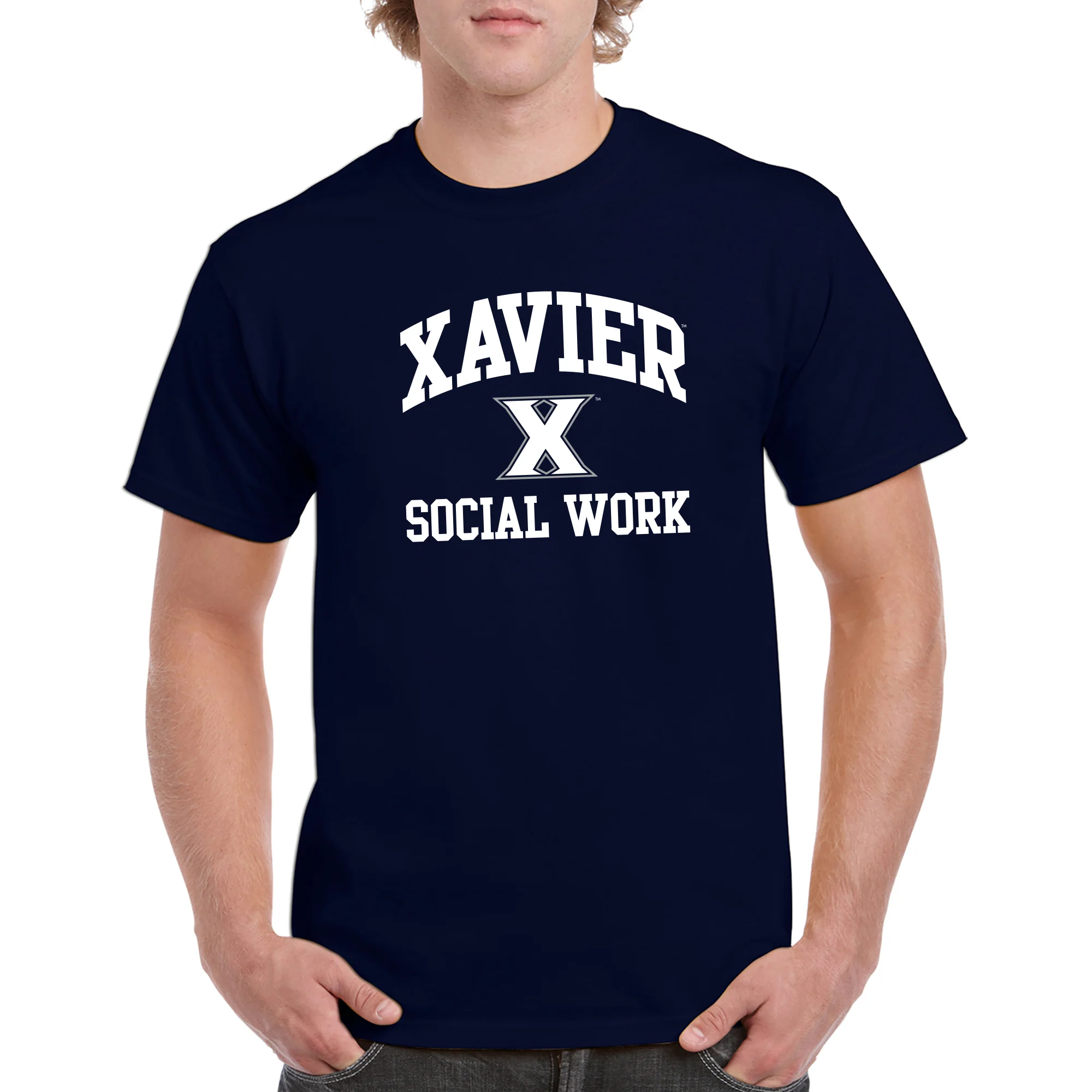 Xavier University Musketeers Arch Logo Social Work Basic Cotton Short Sleeve T Shirt - Navy - Image 3