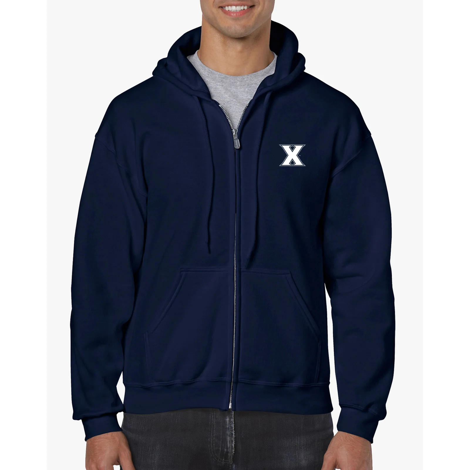 Xavier University Musketeers Primary Logo Left Chest Full Zip Hoodie - Navy - Image 3