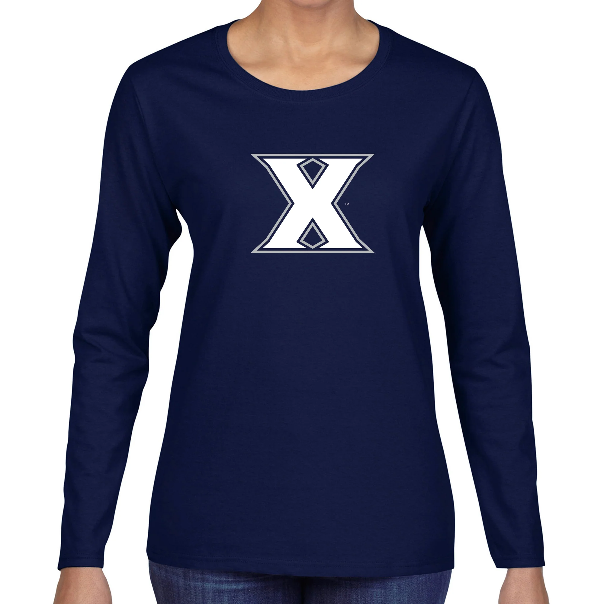 Xavier University Musketeers Primary Logo Long Sleeve Womens T-Shirt - Navy - Image 3